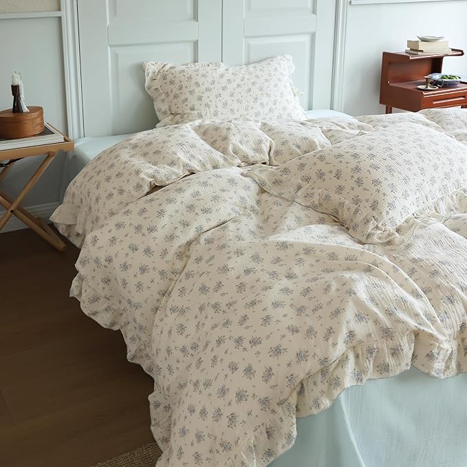 BuLuTu Chic Shabby Vintage Floral Duvet Cover Twin for Kids Girls Boys 100% Cotton Muslin Ruffled Quilt Cover Twin, 68"x86", Freesia Print, Soft Breathable, Zipper Closure, No Pillowcase