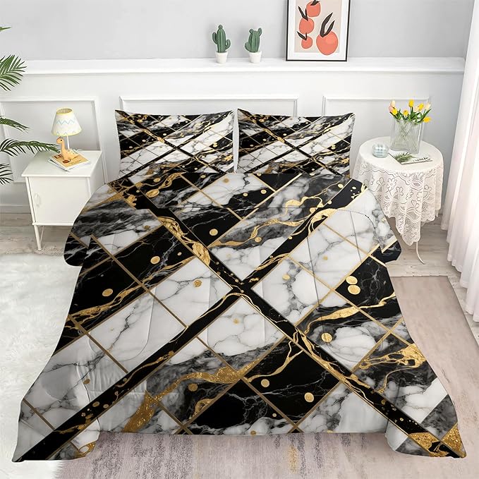 Black White and Gold Comforter: King Size Geometric Marble Bedding Sets Abstract Art Gold Lines Marbling Quilts for Teens Adults 3PC Soft Lightweight Bed Set for All Season