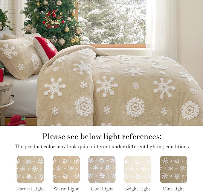 Amélie Home Christmas Comforter Set Queen, Beige Snowflake Comforter, Fluffy Fleece Comforter Set, Super Soft &Fluffy Plush Bedding Set for Winter, 3 Pieces, 1 Soft Comforter and 2 Pillow Shams