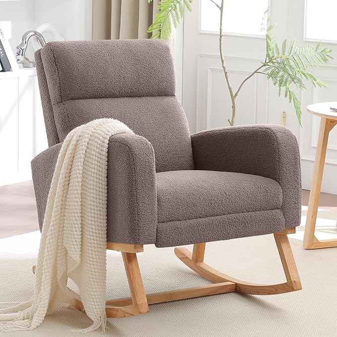 Rocking Chair Nursery with Foot Rest, Nursing Rocking Chairs for Mom Nursery, Teddy Rocker Glider with High Backrest for Living Room, Bedroom, Coffee