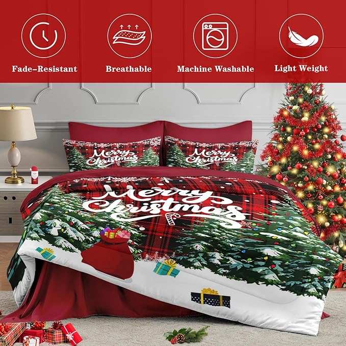 7 Pcs Full Size Christmas Comforter Set with 2 Pillowcases & 2 Shams, Green Cartoon Trees Bedding for Kids and Adults, Black Red Plaid Bed in a Bag with Flat Fitted Sheet