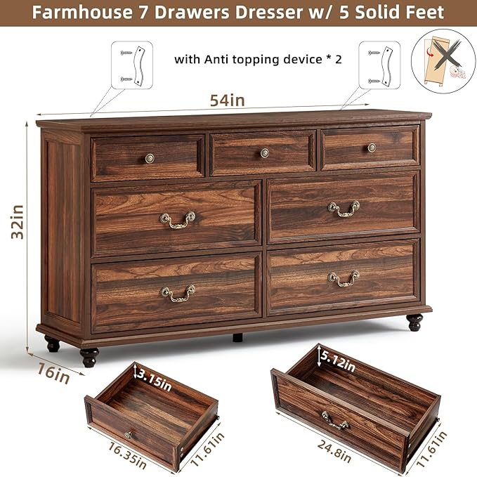 Bedroom Dresser Sets, 54" Wide 7 Drawers Dresser and 37" Tall 4 Drawers Dresser, Wooden 2 Piece Bedroom Furniture Set, Chest of Drawer for Bedroom, Home, Living Room, Hallway, Brown