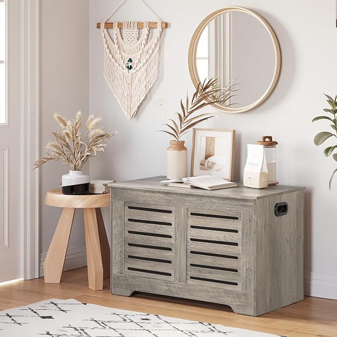 DINZI LVJ Storage Chest, Flip-Top Wooden Toy Box with 2 Safety Hinges, Entryway Shoe Storage Bench, Good Ventilation, Storage Trunk for Living Room, Bedroom, Easy Assembly, Gray Wash