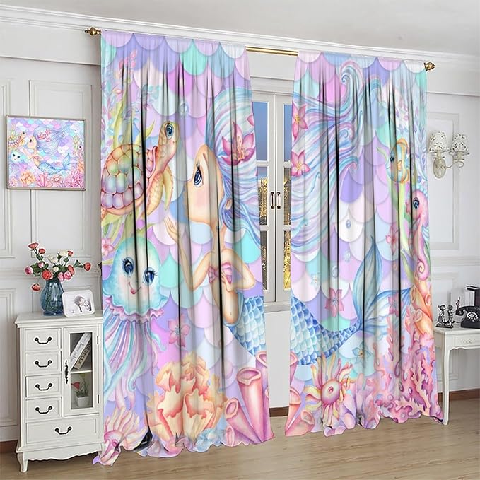 Fantasy Mermaid Curtain Dream Cartoon Marine Organisms Turtle Coral Ocean Theme Dream Blackout Window Treatment for Kids Girls Bedroom Nursery Room Decor Rod Pocket Window Drapes 42x63in