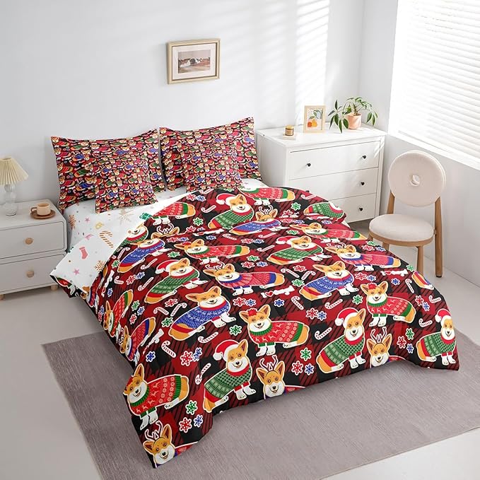 Feelyou Cute Dog Comforter Set with Sheets Cartoon Christmas Bed Set for Kids Boys Girls Merry Christmas Decor Bed in a Bag Red Geometric Lattice Bedding Set Bedroom Collection Queen Size