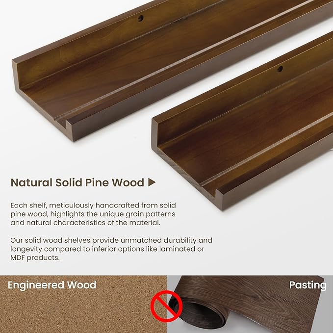 Fun Memories Picture Ledge Shelf, Pine Wood Floating Shelves Set of 2, 24 inch Nursery Book Shelves, Photo Ledge Book Shelves Wall Mounted for Living Room Kids' Room Bedroom - Walnut