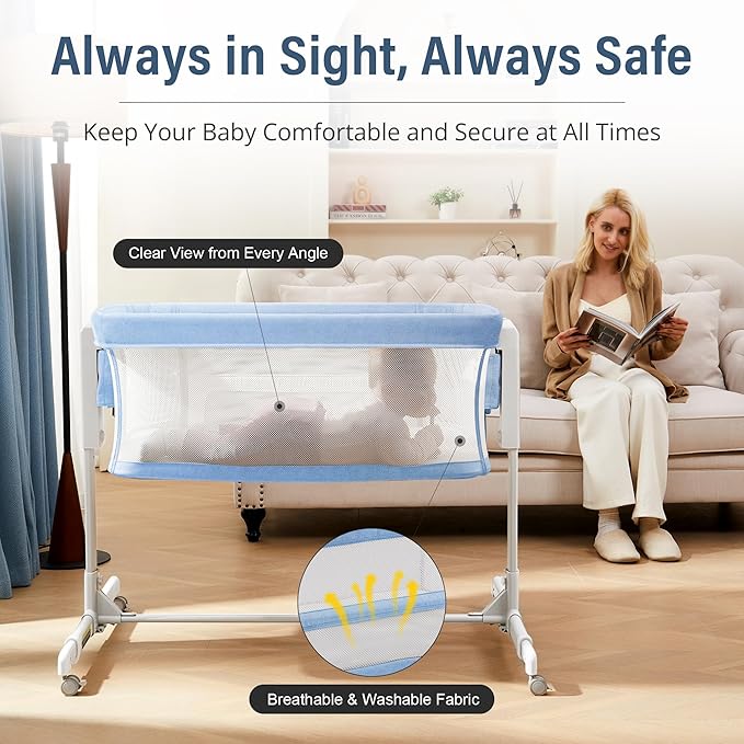 Baby Bassinet Bedside Sleeper 3-in-1, Easy Night Feeding with One-Side Fold & Rolling Wheels, Breathable Mesh, 6-Height Adjustable, Soft Mattress for Newborns