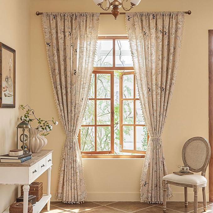 ENJOYBRIDAL Floral Curtains 96 Inches Long 2 Panels Coquette Rod Pocket Drapes Boho Bedroom Semi Sheer Aesthetic Window Curtain Panels Farmhouse Living Room Rose Decorations Tassel Window Treatments