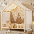 Montessori Floor Bed with Canopy, High Railings and Roof, Twin Size Wood House Bed Frame for Kids Bedroom (Natural/C2)