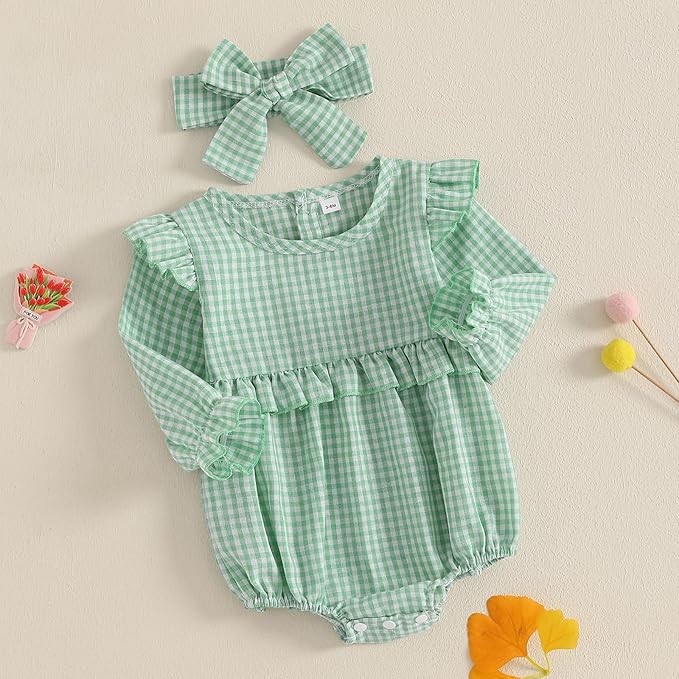Karuedoo Newborn Baby Girl Clothes Gingham Plaid Bubble Romper Long Sleeve Ruffle Bodysuit with Headband Spring Fall Outfit
