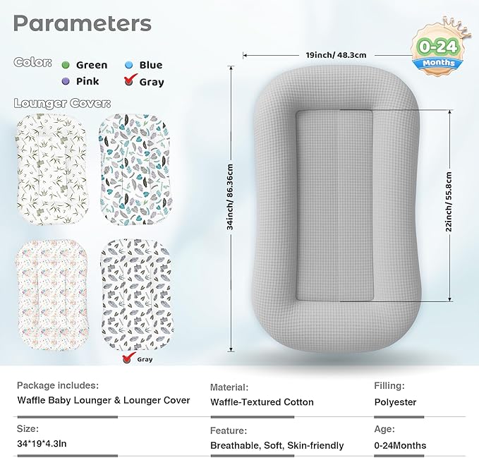 Baby Lounger for Newborn - Infant Lounger 0-24 Months with Lounger Cover, Cooling Baby Nest Lounger, Breathable Waffle Fabric & 3D Support, Portable Newborn Essentials, Gray