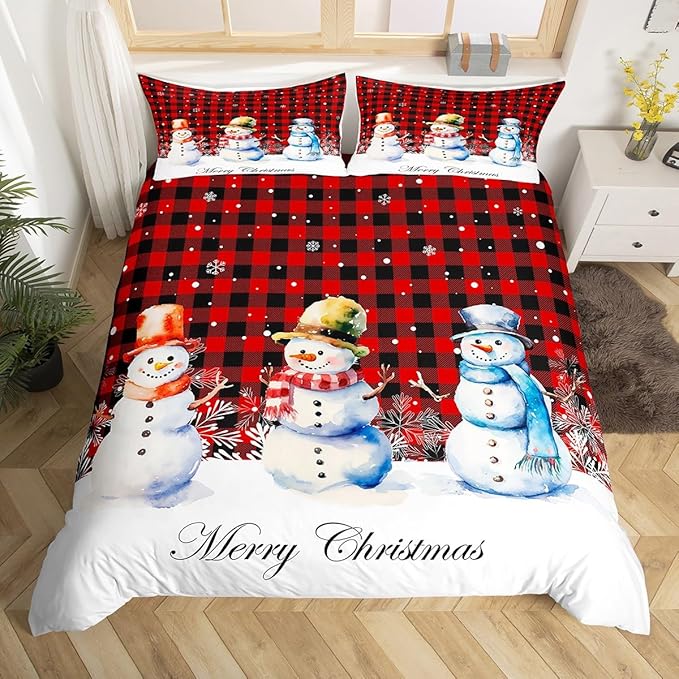 Xmas Snowman Duvet Cover Set Queen Size, Christmas Bedding Set 3pcs for Kids Boys Girls Bedroom Decor, Red Black Plaid Print Comforter Cover with 2 Pillowcases,Snowflake Print Quilt Cover,No Comforter