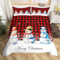 Xmas Snowman Duvet Cover Set Queen Size, Christmas Bedding Set 3pcs for Kids Boys Girls Bedroom Decor, Red Black Plaid Print Comforter Cover with 2 Pillowcases,Snowflake Print Quilt Cover,No Comforter