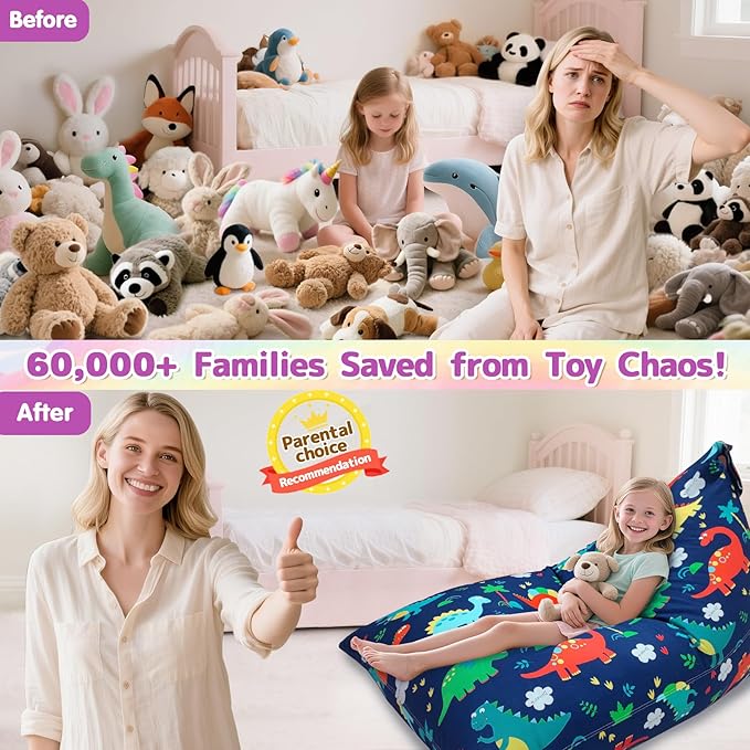 Jorbest Stuffed Animal Storage Bean Bag Chair Cover for Kids Adults, Dinosaur Stuffed Animal Bean Bag Storage, Dinosaur Storage Bag - Cover ONLY(200 L/52 Gal)