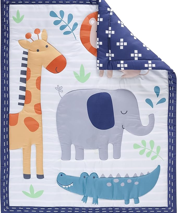 Elephant Crib Bedding Set for Boys, 5 Pieces Nursery Set Including Quilt/Fitted Sheet/Crib Skirt/Diaper Bag/Blanket, Grey/White