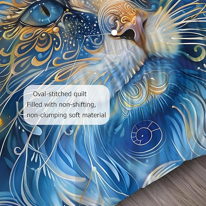 Cat Comforter Set Queen: Blue Maine Coon Bedding Set Mysterious Exotic Kitten Quilts for Women Men Tween Adults Ethnic Pet Bed Set 3 Piece with 1 Comforter & 2 Pillowcases