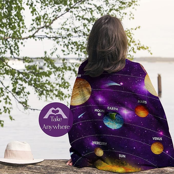 Outer Space Blanket for Kids with Colorful Planetary Solar System, Cute Space-Age Throw for Boys and Girls, Soft and Plush, Early Learning and Educational Fun (, Sherpa - 50x60)