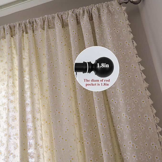 ENJOYBRIDAL Daisy Floral Curtains 63 Inch Length 4 Panels Short Drapes Tassel Rod Pocket Semi Sheer Boho Window Curtain Panels Bedroom Living Room Farmhouse Rustic Bohemian Window Treatment