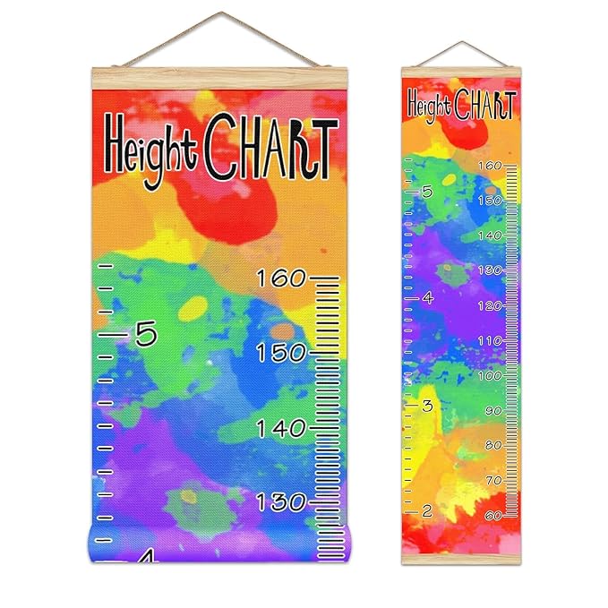 Kids Growth Chart Ruler for Wall Wood Frame Height Measure Chart 13.4x56 in Linen Hanging Height Growth Chart Watercolor Tie Dye Kids Room Decor
