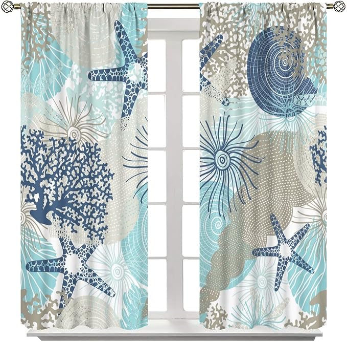 Coastal Curtains Ocean Beach Themed Room Darkening Window Curtain Nautical Coral Blackout Curtain for Bedroom Living Room Bathroom Nursery Set 2 Panels,63x72 Inches