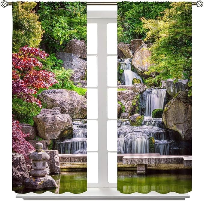 View Waterfall Blackout Curtains, Forest Waterfall Retro Style Natural Scenery Garden Art Landscape Rod Pocket Window Drapes, for Living Room Bedroom 42" W X 45" L