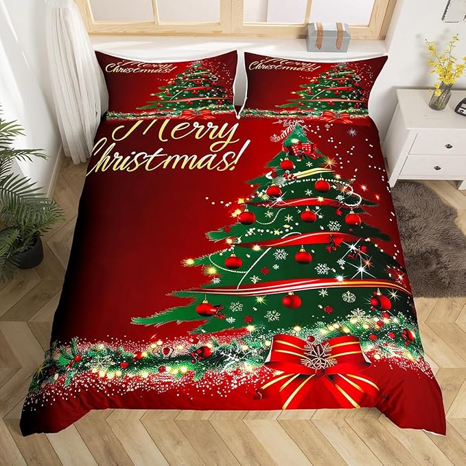 Christmas Tree Duvet Cover Set Full Size Fir Tree Branches and Deer Print Bedding Set 3pcs for Kids Girls New Year Theme Comforter Cover Merry Christmas Red Quilt Cover with 2 Pillowcases,No Comforter