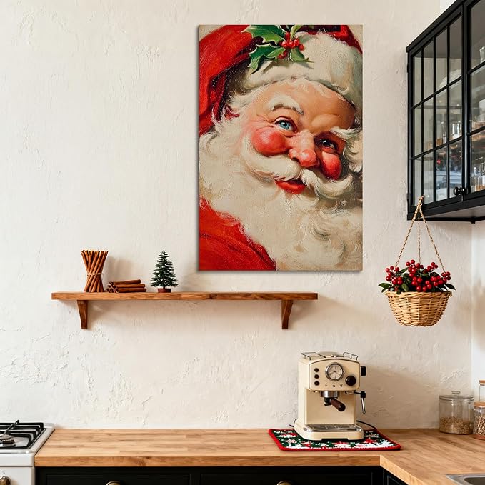 YONICA Christmas Canvas Wall Art Classic Santa 20x30 Inch Traditional Oil Painting Portrait - Large Framed Gallery Wrapped Living Room Art
