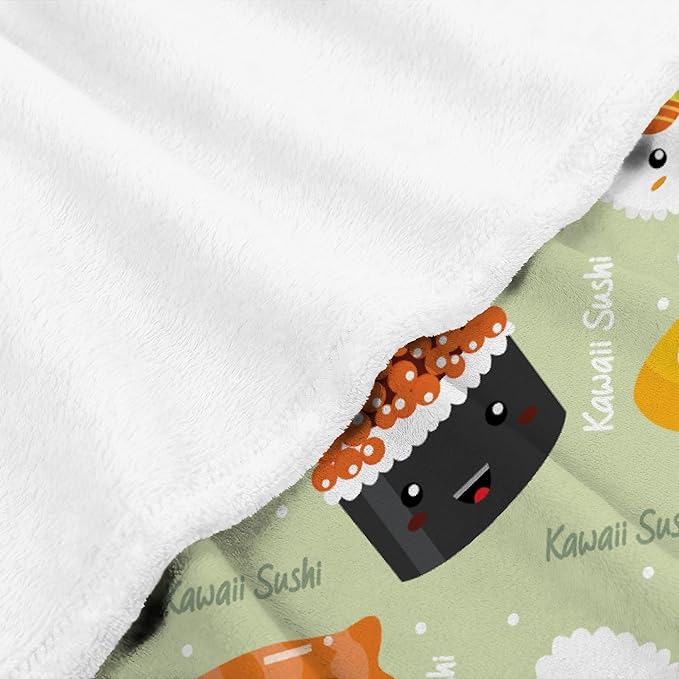 Thuswarm Cute Sushi Kawaii Flannel Throw Blanket Warm Cozy Soft Cartoon Food Print Blankets for Bed Couch Sofa Room Decoration Gifts 120”×90” Extra Large for Family