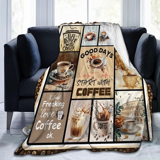 Coffee Blanket Vintage Drink Cup Throw Blankets Gifts for Girls Boys Kids Warm Soft Lightweight Flannel Coffee Bean Plush Throws Fleece Bedding Stuff for Men Women 60"x50"