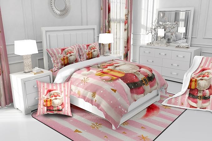 Cartoon Santa Claus Comforter Set Twin Size,Merry Christmas Snowflake Bedding Set for Kids Boys Girls Room Decor,Red Pink Stripes Quilt Set 2Pcs,Xmas Theme Microfiber Duvet Insert,1 Pillowcase