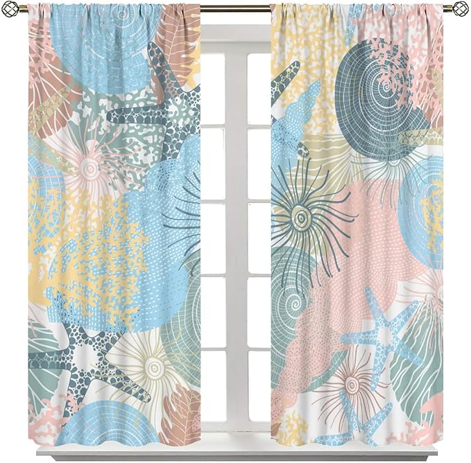 Nautical Blackout Curtain Beach Theme Starfish Seashell Nautical Rustic Ocean Sea Vintage Retro Coastal Summer Bedroom Set 2 Panels,42x63 Inches