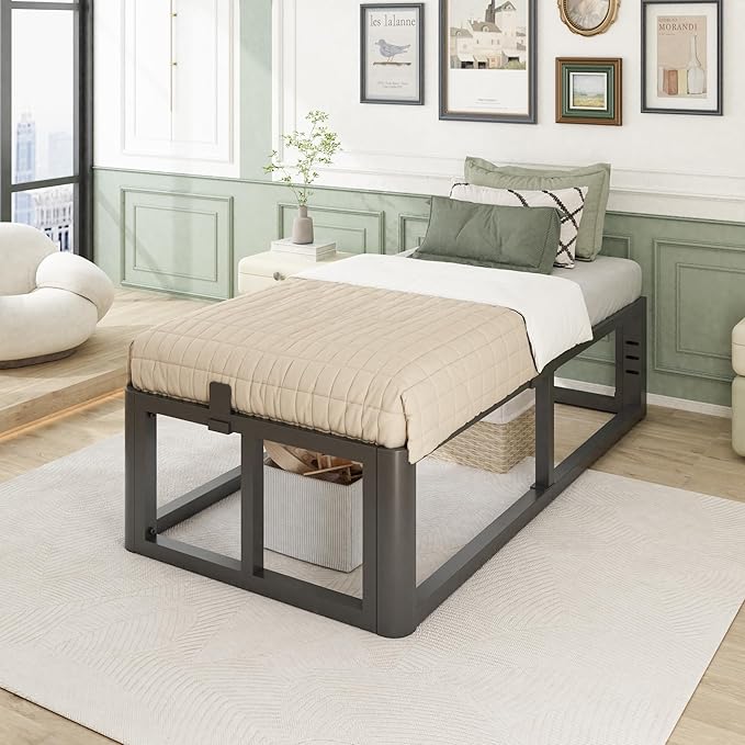 Metal Heavy Duty 18 inch Twin XL Bed Frame with Rounded Corner and Headboard Hole Mattress Retainers 3500 LBS No Box Spring Needed Platform Noise Free Easy Assembly