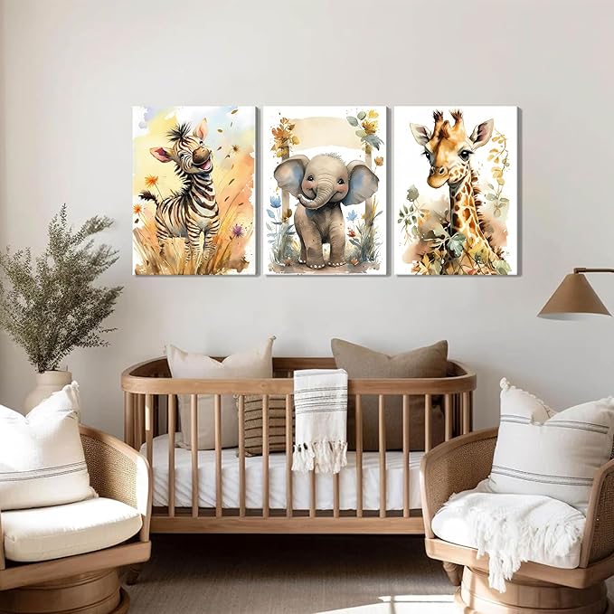 Woodland Animal Wall Art Set of 3, Wild Animals Nursery Picture Wall Decor Canvas, Cute Giraffe Elephant Zebra Watercolor Poster Print Artwork for Boys Girls Room Decoration – 12x16 inch