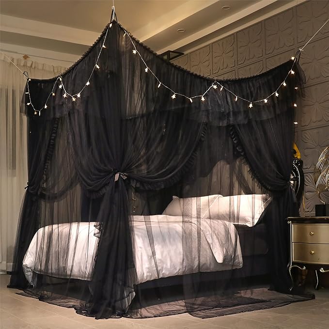 VETHIN 4 Corners Post Ruffle Princess Bed Canopy Curtain-Double Layer Cozy Drape Netting 4 Opening Mosquito Net for Girls Adults Bedroom Decoration (Double-Black,47" W*78" L*82" H/Twin)