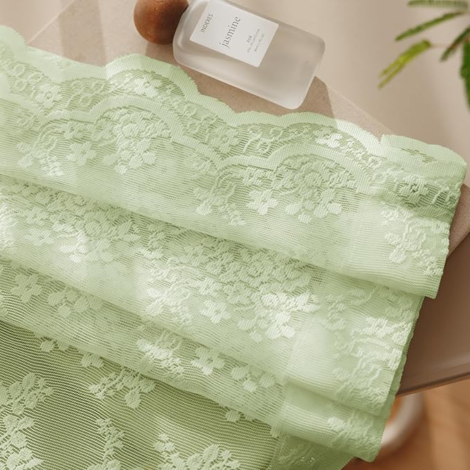 Anmao Vintage Lace Curtains 108 Inches Long 2 Panels, Romantic Semi Sheer Floral Lacy Curtain for Living Room, Elegant Window Drapes for Bedroom, Each 55W x 108L, Light Green