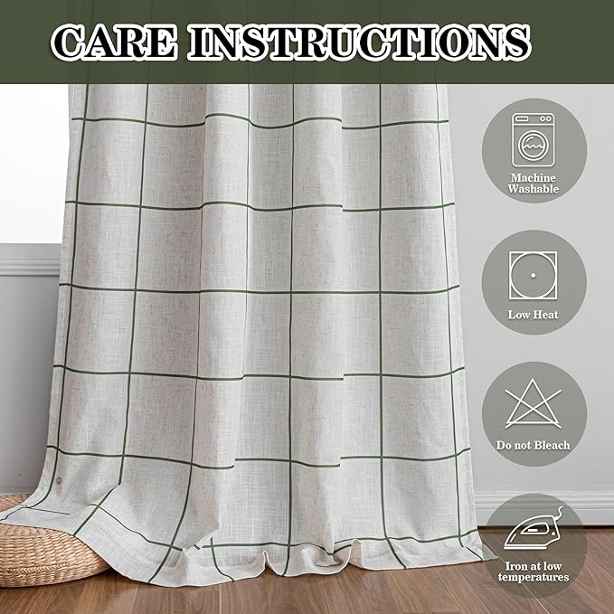 MYSKY HOME 100% Blackout Plaid Linen Curtains 95 Inches Length Double Layer Farmhouse Thermal Insulated Checkered Patterned Drapes Rod Pocket Back Tab for Living Room Dining Room, 2 Pcs, 52" W, Green