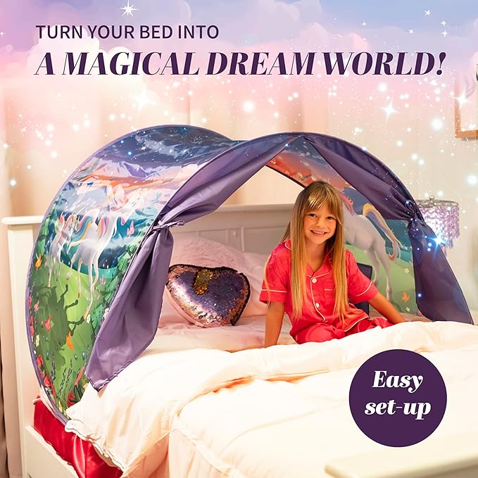 Unicorn Themed Toddlers Canopy Tent for Bed | Magical Glow-in-The-Dark Elements & Friendship Affirmations | Cozy Kids Bed Tent Twin for Bedtime Reading Nook & Imaginative Play