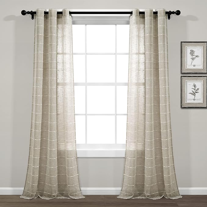 Lush Decor Farmhouse Textured Grommet Sheer Window Curtain Panel Pair, 38"W x 95"L, Neutral