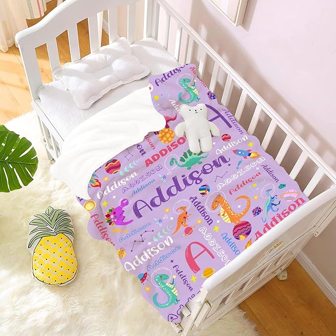 Personalized Dinosaur Lover Astronaut Gifts - Purple Baby Dinosaur Custom Blanket for Toddler Boys Girls - Super Soft Fuzzy Lightweight Flannel Throw Sheet Decor for Newborn Crib Nap Couch - 30" X 40"