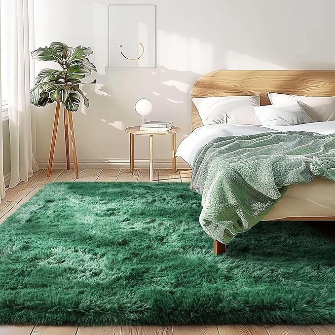 Fluffy Rug Stain Resistant 4x6 Feet, Dark Green Area Rug for Bedroom, Super Soft Shaggy Rugs Room Carpet Floor Rug