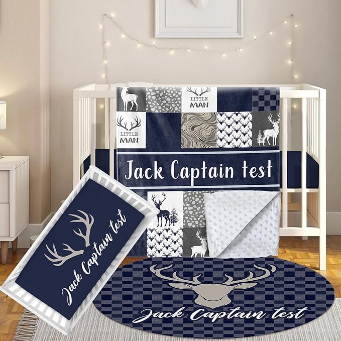 Custom Baby Crib Bedding Set, 3 Pcs Personalized Nursery Bedding Set with Name, Soft Baby Bedding Crib Set with Blanket - Toddler Crib Sets for Girl Boy, Infant Newborn Gift, Blue Woodland Deer