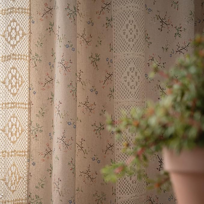ENJOYBRIDAL Floral Curtains 63 Inch Length 2 Panels Crochet Lace Patchwork Drapes Semi-Sheer Boho Tassel Bedroom Living Room Farmhouse Short Beige Small Country Rustic Rod Pocket Window Curtain