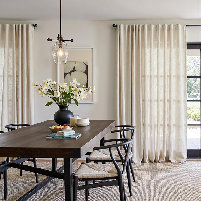jinchan Beige Linen Blend Curtain 96 Inches Length 1 Panel for Sliding Door, Light Filtering 100 Inches Extra Wide Farmhouse Natural Drape with Rod Pocket Back Tab (100W x 96L, Ecru)