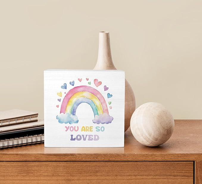 Ku-Dayi Boho Rainbow Wooden Box Sign, Inspirational Wood Box Decorative Accessories for Girls Kids Nursery Bedroom Room Playroom, You Are So Loved Wooden Block Plaque Desk Shelf Decor 5x5 Inch