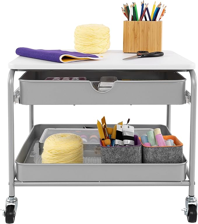 Seville Classics Rolling Utility Organizer Storage Cart, for Home Office, School, Classroom, Scrapbook, Hobby, Craft, Under The Desk Storage/Printer Cart 1 Drawer, White