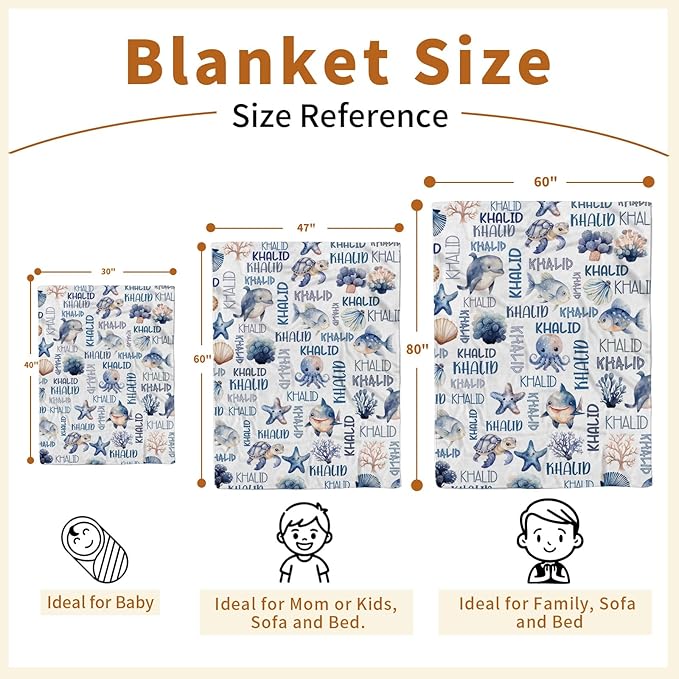 Personalized Baby Blanket with Name, Customized Blanket for Newborn Boys Girls, Ocean Animals Flannel Baby Name Blanket with Dotted Backing, Receiving Swaddle, Gifts for New Parents(47" x60)