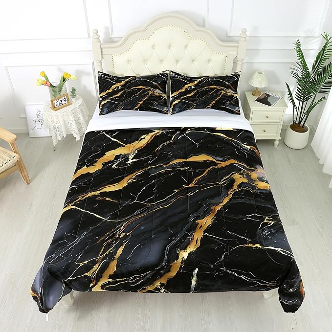Black and Gold Marble Comforter: Full Size Abstract Marbling Bedding Sets Luxury Gold Glitter Quilt Bed Set for Teens Boys Adults Bedroom Decor 1 Comforter & 2 Pillowcases