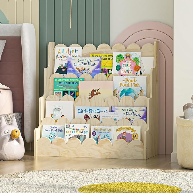 NACHES Wood Kids Bookshelf Scalloped Montessori Toddler Nursery Bookcase Baby Book Magazine Display Shelf 4 Tier Front Facing Children Book Rack Toy Organizer Girl Boy Bedroom Classroom Playroom