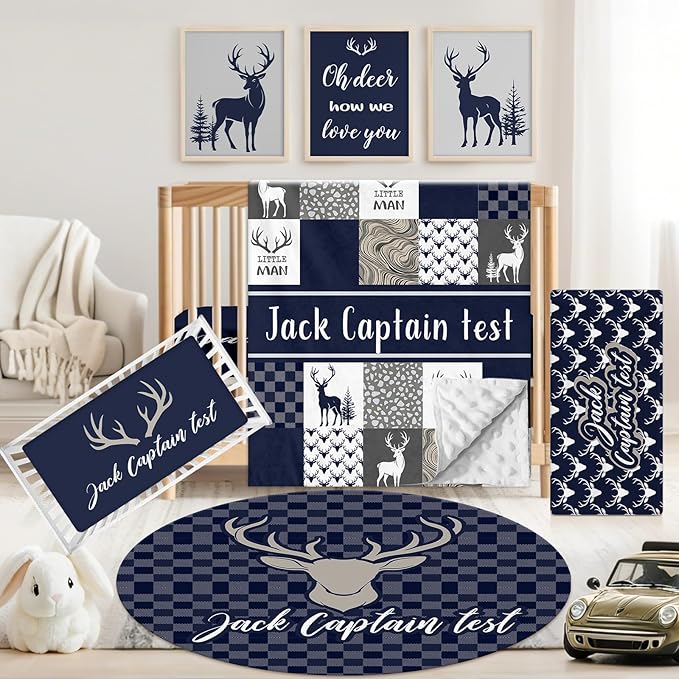 Personalized Baby Crib Bedding Set, 5 Pcs Custom Name Nursery Bedding Set for Girls Boys, Blue Woodland Deer Baby Crib Set for Toddlers Infants, Double Layer Bedding Crib Sets Customized Gifts