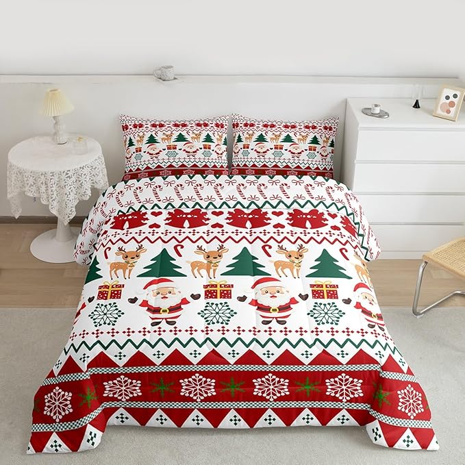 Feelyou Merry Christmas Comforter Set Full Size Santa Claus Bedding Set for Kids Boys Girls Cute Deer Duvet Quilt Snowflake Bedroom Decor Microfiber 3 Pcs with 2 Pillow Cases